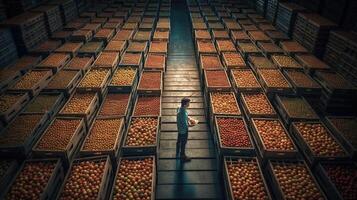 worker standing by apple fruit crates in organic food factory warehouse, image photo