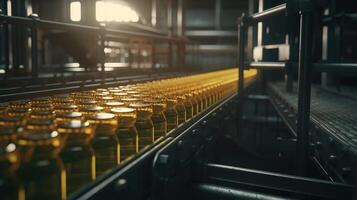 Bottled vegetable oil on conveyor automated machine being produced, image photo