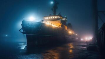 cruise ship ice breaker is shown at night, slicing through the foggy waters, image photo