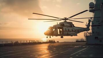 rescate helicóptero enfoques el barco, generado ai imagen foto