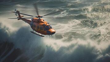 helicóptero con un supervivencia nadador colgando afuera, generado ai imagen foto