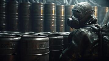 Professional chemical worker in protection suit and gas mask handling dangerous material inside chemicals production plant., image photo