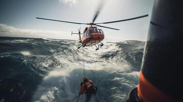 helicóptero con un supervivencia nadador colgando afuera, generado ai imagen foto