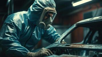 Car painter in protective clothes and mask painting automobile, image photo