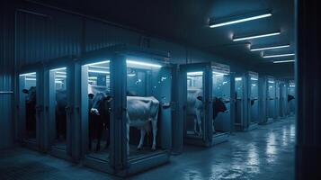vacas reproducción y pantorrillas siendo mantenido dentro el caja por separado, generado ai imagen foto