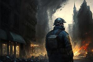 illustration of a policeman destroyed city background photo