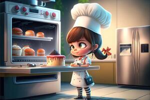 ilustración de un pequeño niña cocinero en cocina ai generado foto