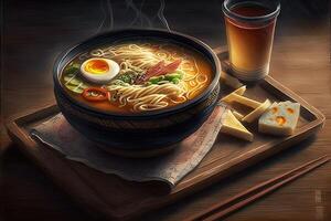 delicious bowl of ramen with iced tea, illustration photo