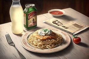 spaghetti alfredo on a table with iced soda, photo