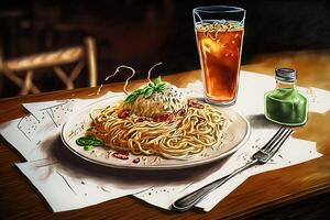 spaghetti alfredo on a table with iced tea with fork, photo