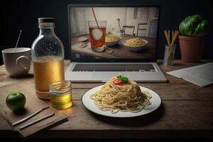 espaguetis Alfredo en un mesa con con hielo té y ordenador portátil ai generado foto