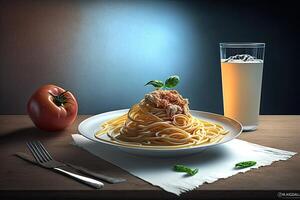 spaghetti alfredo on a table with iced tea, photo