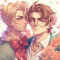 anime lgbtq más dibujos animados Pareja en San Valentín día es abrazando, con ramo de flores de flores, ilustración ai generado foto