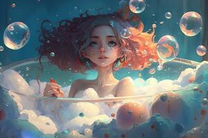 beautiful anime girl in a bathtub with many bubbles photo