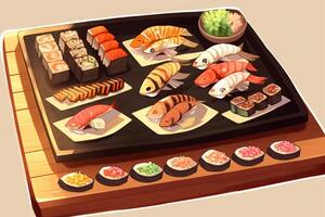 cartoon sushi plate on a wooden cutting board, photo