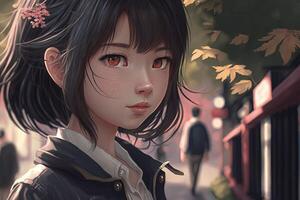 ilustración de un Japón anime Chica de escuela con marrón ojos y marrón pelos, cara tatuaje mira adelante parque antecedentes ai generado foto