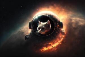 Space Cat entering in a louminous black hole with planets and star in background llustration photo