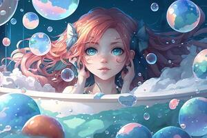 nice anime girl in a bathtub with many bubbles photo