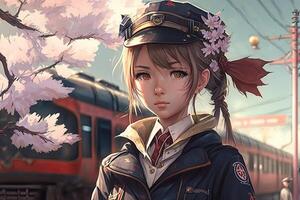 linda anime tren conductor niña a tren estación, ai generado foto
