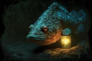 monk fiish in the deep with lanter illustration photo