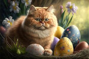 a fawn cat with easter eggs in a basekt forest background photo