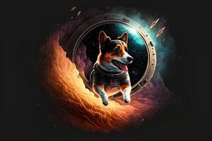 Space Dog entering in a louminous black hole with planets and star in background llustration photo