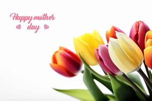 Happy mother day. Bouquet of tulips on a white background with space for text photo