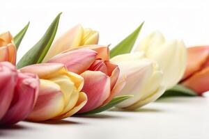 contento madre día. ramo de flores de tulipanes en un blanco antecedentes con espacio para texto generativo ai foto