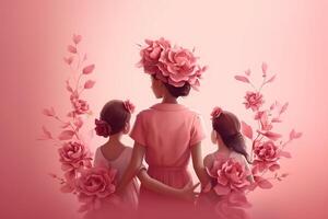 mother day. Mother and daughter standing in front of flower wall with pink background photo