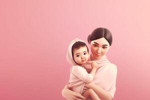 Happy mother's day with her daughter on pink background, 3d rendering photo