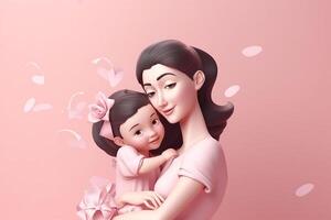 Happy mother's day with her daughter on pink background, 3d rendering photo