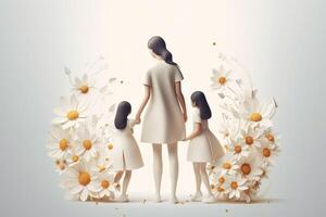 Beautiful mother with her two daughters on a white background with flowers photo