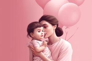 Happy mother's day with her daughter on pink background, 3d rendering photo