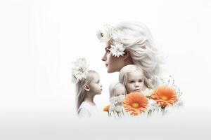 hermosa madre con su dos hijas en un blanco antecedentes con flores generativo ai foto