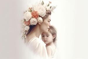 Beautiful mother with her two daughters on a white background with flowers photo