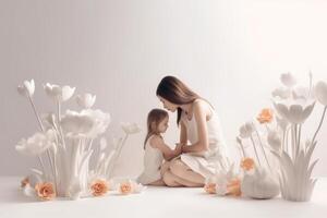 contento madre día. madre y hija en un guirnalda de flores en un blanco antecedentes generativo ai foto