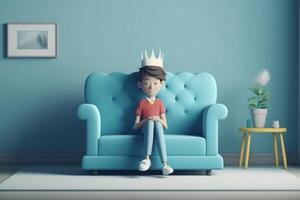 3d rendering of a boy wearing a crown sitting on a sofa photo