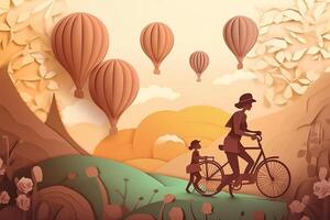 mother day. mother with child riding bicycle and hot air balloons flying in the sky. photo