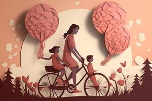 mother day. mother with child riding bicycle and hot air balloons flying in the sky. photo