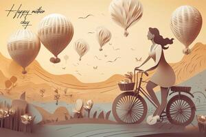 mother day. mother with child riding bicycle and hot air balloons flying in the sky. photo