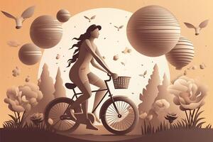 madre día. madre con niño montando bicicleta y caliente aire globos volador en el cielo. generativo ai foto