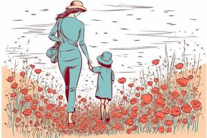 Mother and daughter walking in poppy field. hand drawn illustration. photo