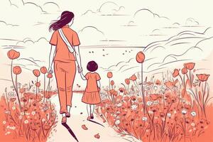 Mother and daughter walking in poppy field. hand drawn illustration. photo