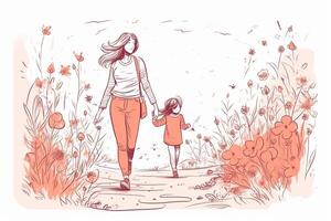 Mother and daughter walking in poppy field. hand drawn illustration. photo