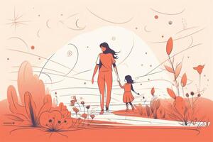 Mother and daughter walking in poppy field. hand drawn illustration. photo