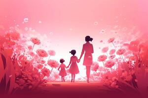 mother day. Mother and daughter standing in front of flower wall with pink background photo