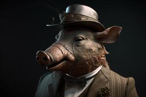hidalgo, jefe salvaje Jabali, cerdo en sombrero, traje y atar. bandera encabezamiento. ai generado. foto