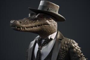 Gentleman boss crocodile aligator in hat, suit and tie. Banner header. . photo