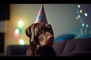 Dog in a party cap on a birthday on a holiday. Decorated room. . photo