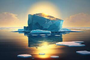 Arctic glacier floats in the sea on the background of the sun. . photo